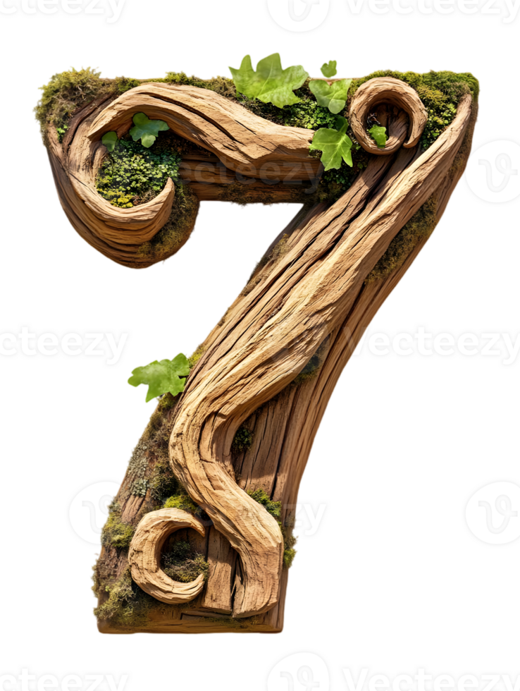 Decorative Number Seven Carved from Wood with Moss and Foliage in Natural Texture on Transparent Background png