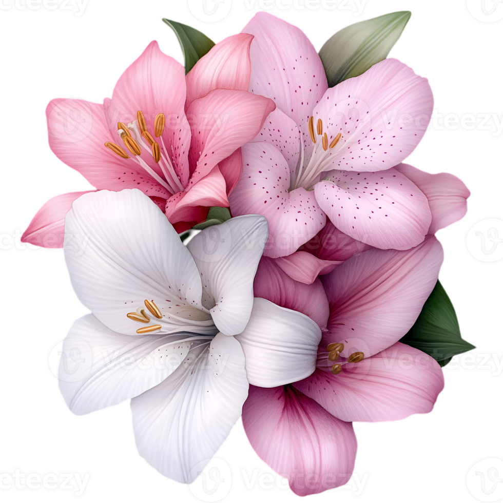 Delicate Lilies Bouquet With Soft Pink White Petals on Transparent Background Detailed Floral Arrangement Close Up of Blooming Flowers Spring Theme png