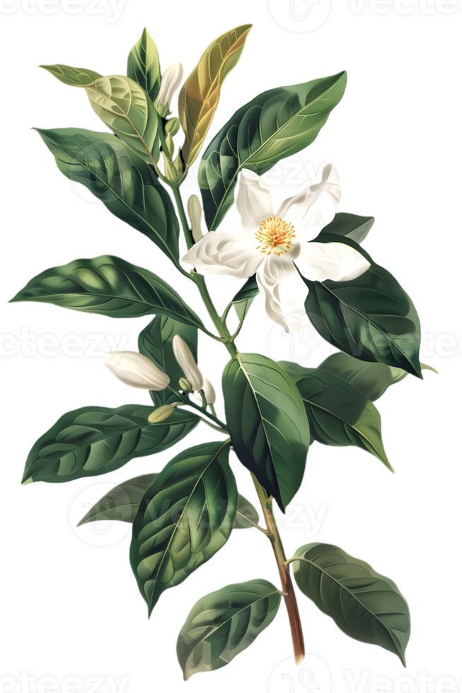 Delicate White Flower with Lush Green Leaves Botanical Illustration on Transparent Background png