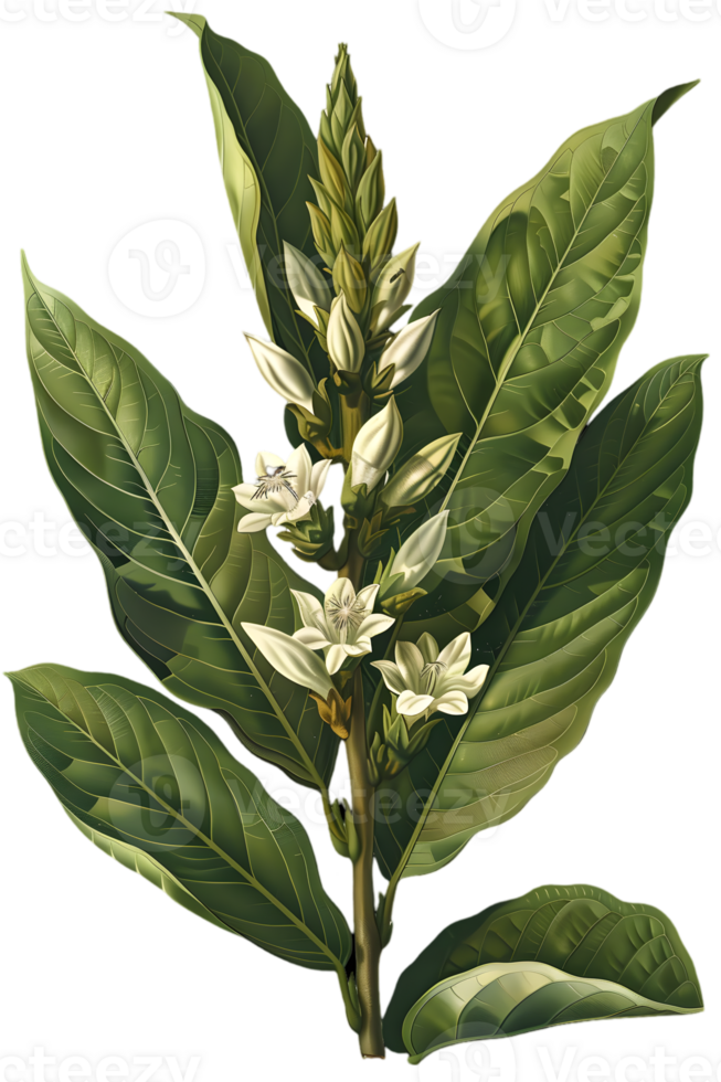 Detailed Botanical Illustration of Flowering Plant with Green Leaves and White Blossoms on Transparent Background png