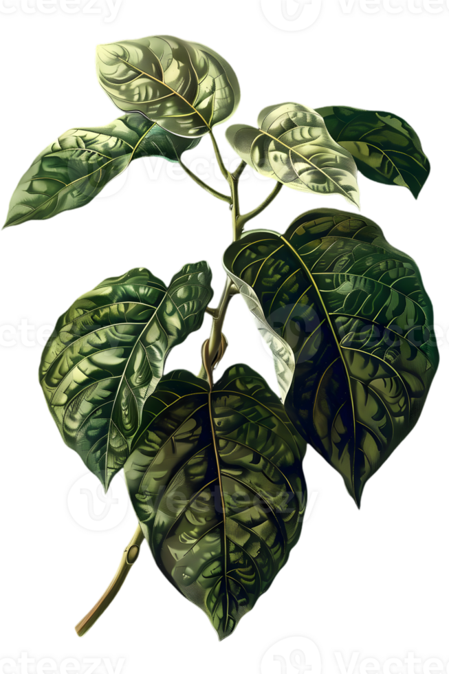 Detailed Botanical Illustration of Green and Yellow Spotted Leaves on a Black Background with Transparent Background png