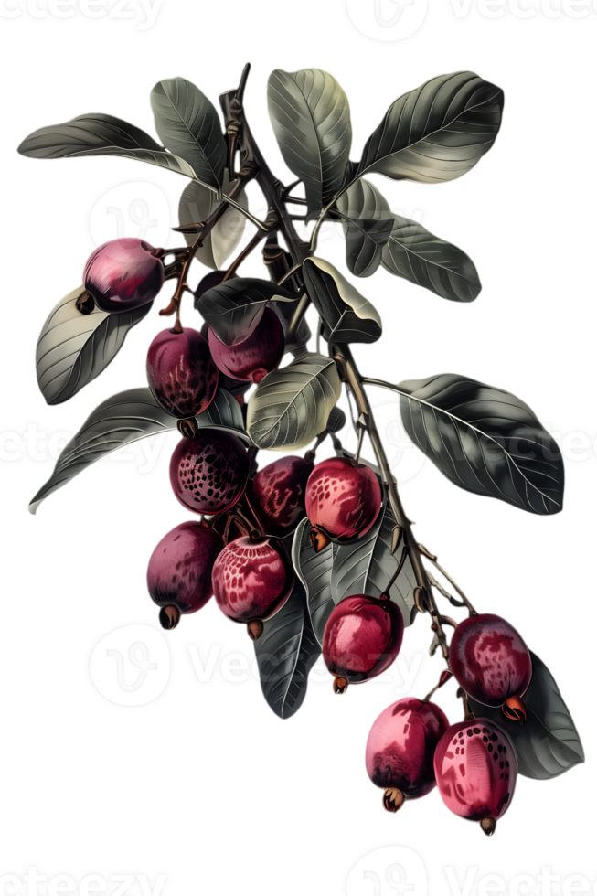 Detailed Branch of Red Berries and Gray Green Leaves on Transparent Background Showing Botanical Still Life Decorative Element png