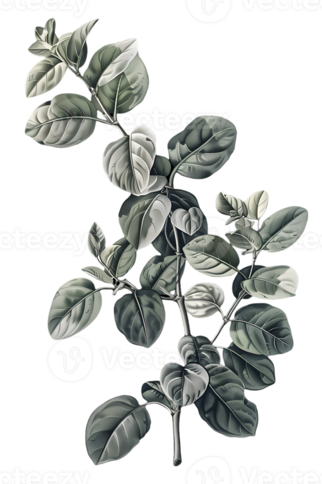 Detailed Botanical Illustration of Green Leaves and Branches on Transparent Background Isolated png