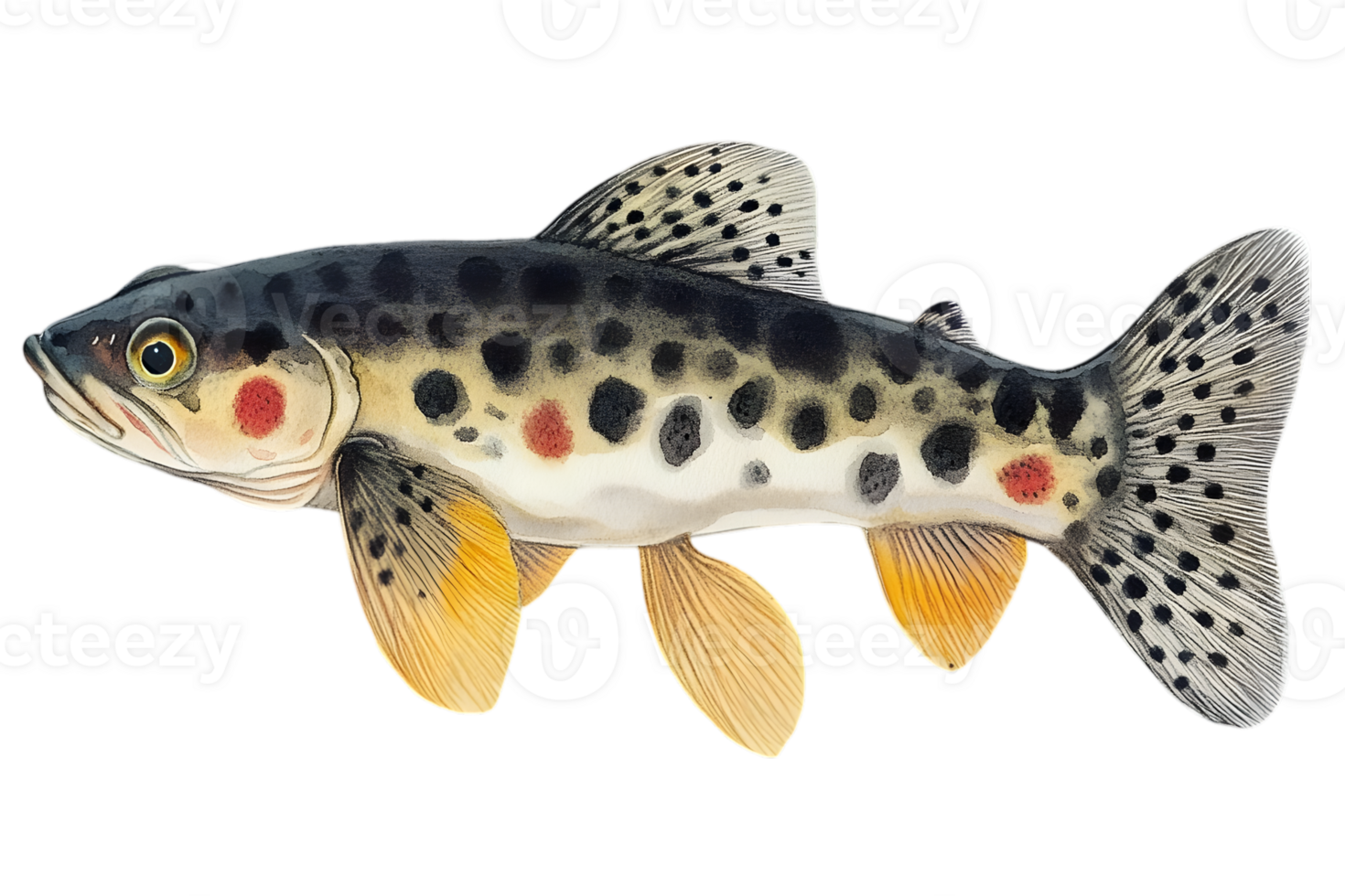 Detailed Brook Trout Illustration with Transparent Background Featuring Brown Spotted Body Yellow Fins and Distinctive Red Spots Aquatic Wildlife png