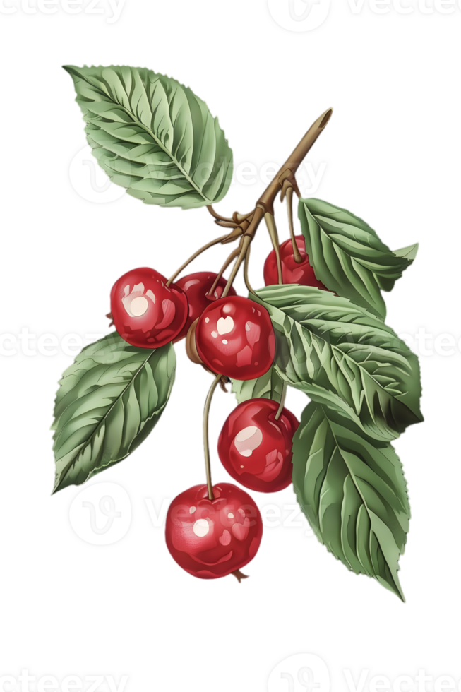 Detailed Cherry Branch with Green Leaves and Ripe Red Fruits on Transparent Background Still Life png