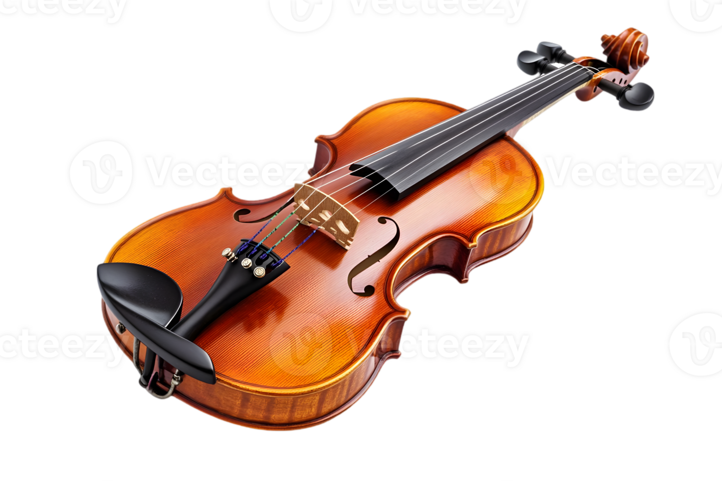 Detailed Brown Wooden Violin Instrument with Dark Fingerboard and Classic Design on a Transparent Background png