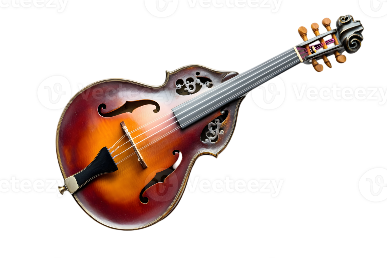 Detailed Brown and Amber Mandolin with Ornate Design and Polished Finish on Black Background png