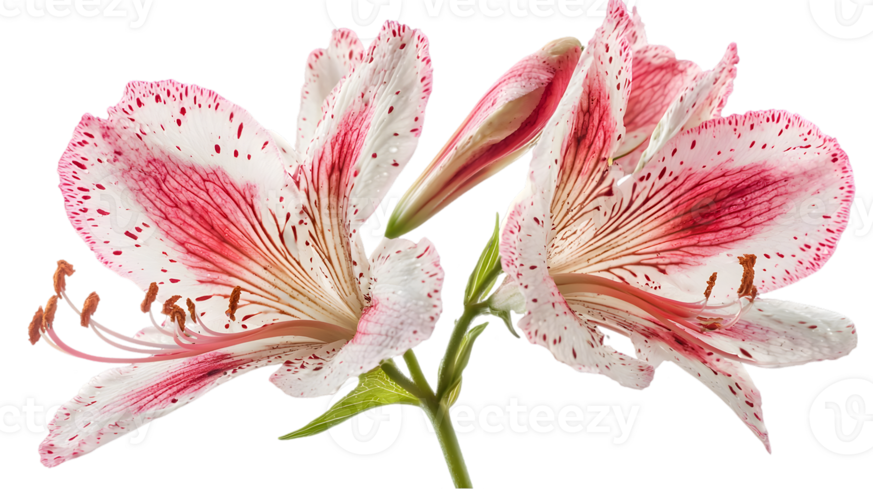 Detailed Close Up of Two Pink and White Alstroemeria Flowers Isolated on Transparent Background png