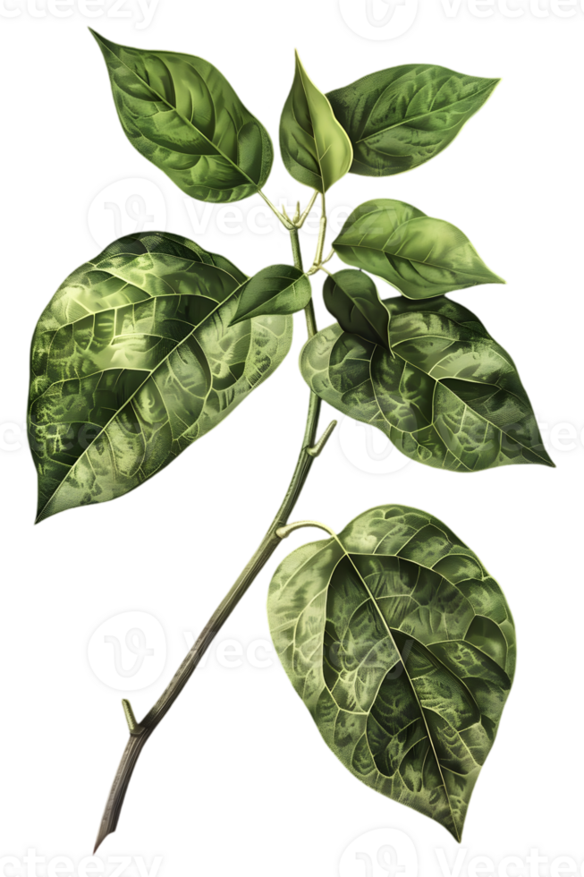 Detailed Green Leaves on Branch with Distressed Texture and Transparent Background Illustration png