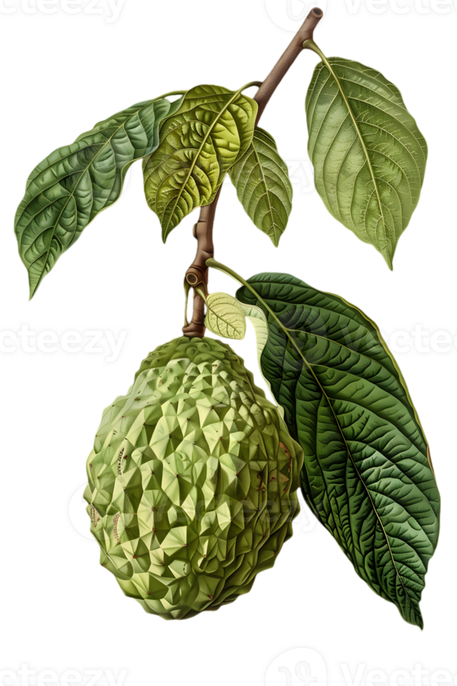 Detailed Illustration of a Green Cherimoya Fruit on a Branch with Leaves on a Transparent Background png