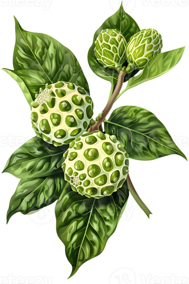 Detailed Illustration of Noni Fruit Branch with Green Leaves on Transparent Background png