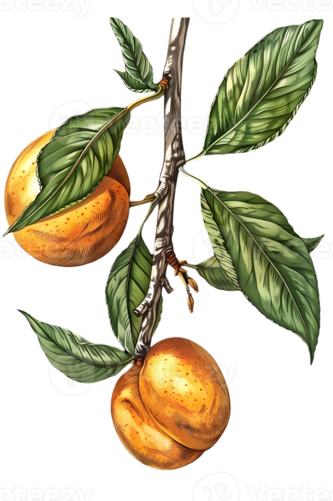 Detailed Illustration of Peaches on Branch with Green Leaves on Transparent Background png