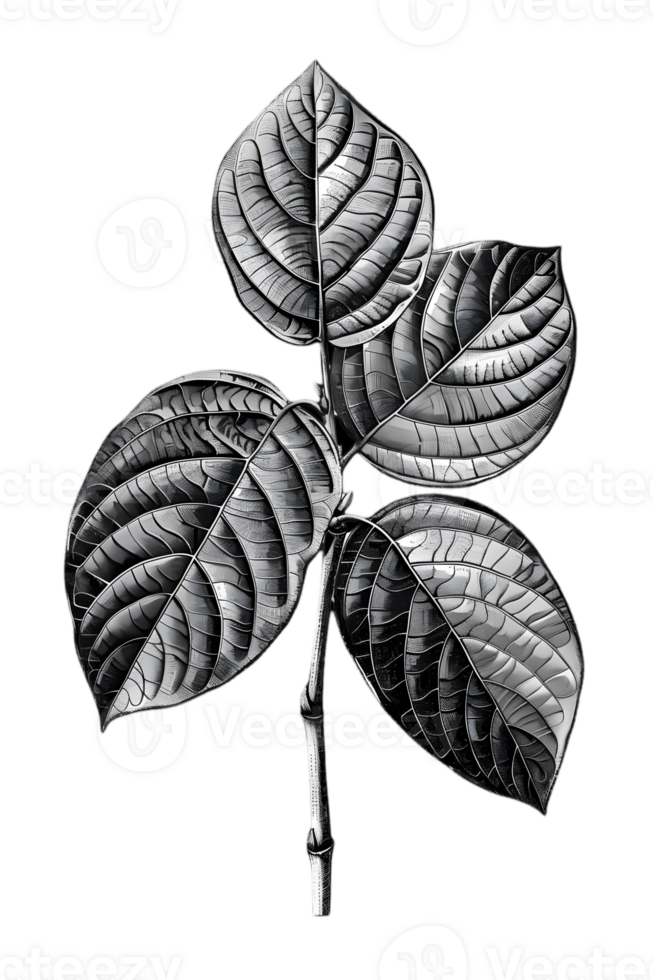 Detailed Monochrome Plant Branch with Textured Leaves on Black Background Graphic png