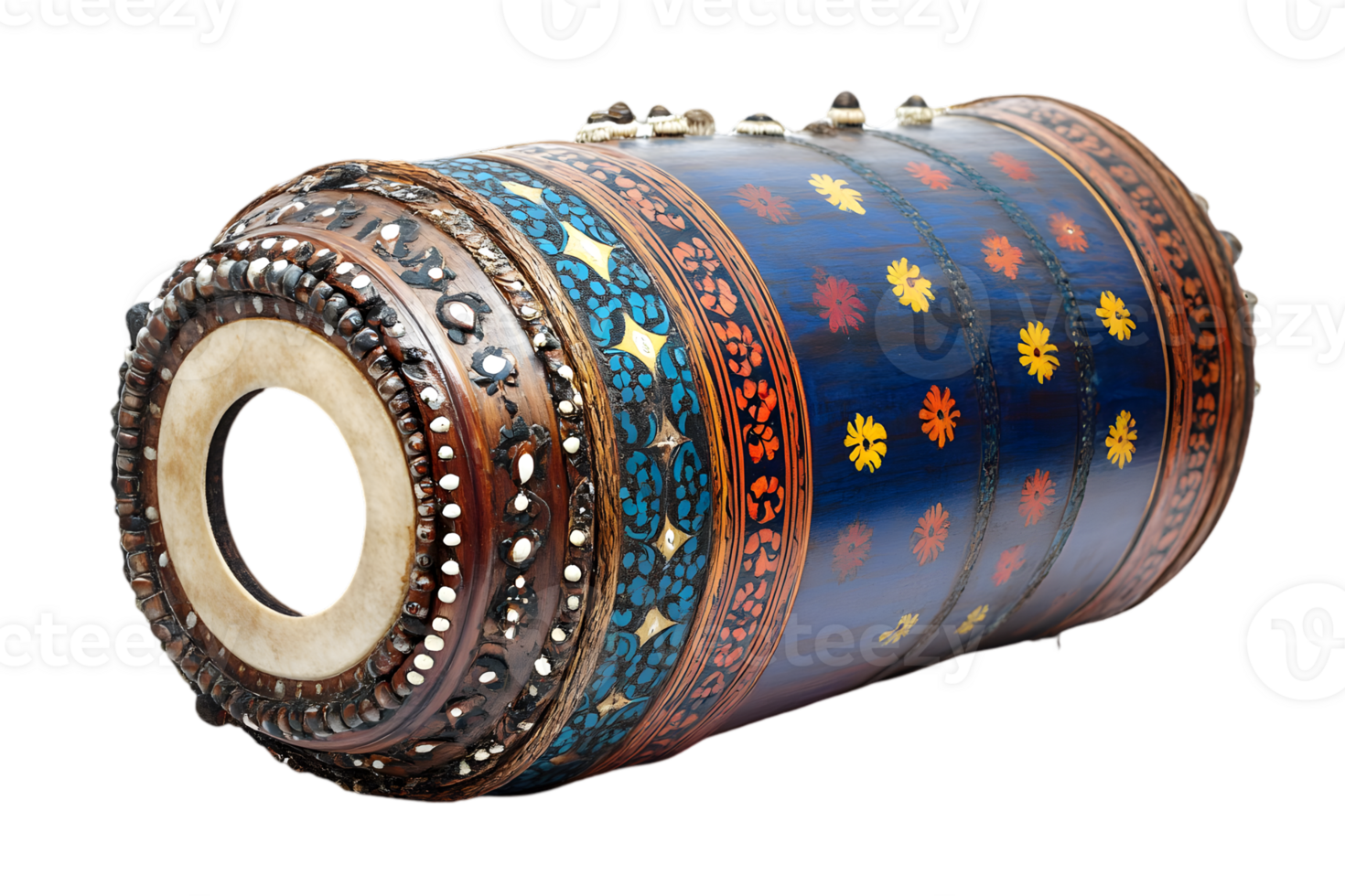 Detailed Blue Wooden Ethnic Drum Instrument with Intricate Carvings and Ornate Decorations Isolated on Transparent Background png