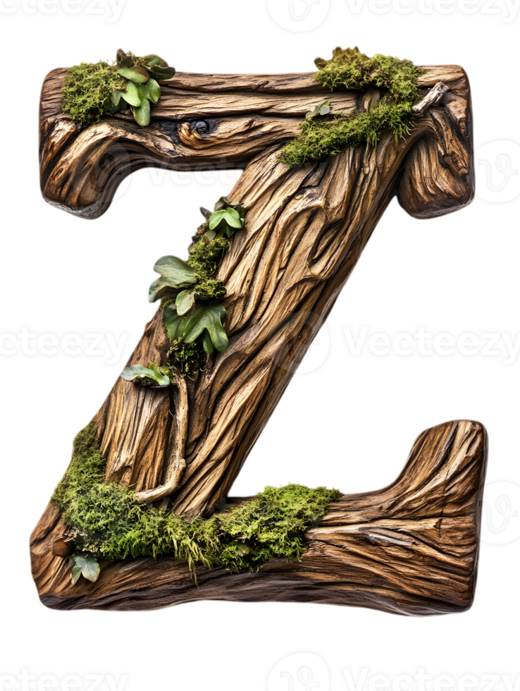 Detailed Letter Z with Moss and Wood Texture on Transparent Background Decorative Wooden Alphabet Letter for Nature Themed Designs png