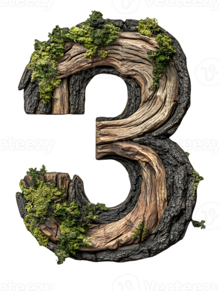 Detailed Number Three Made of Tree Bark and Moss Isolated on Transparent Background png