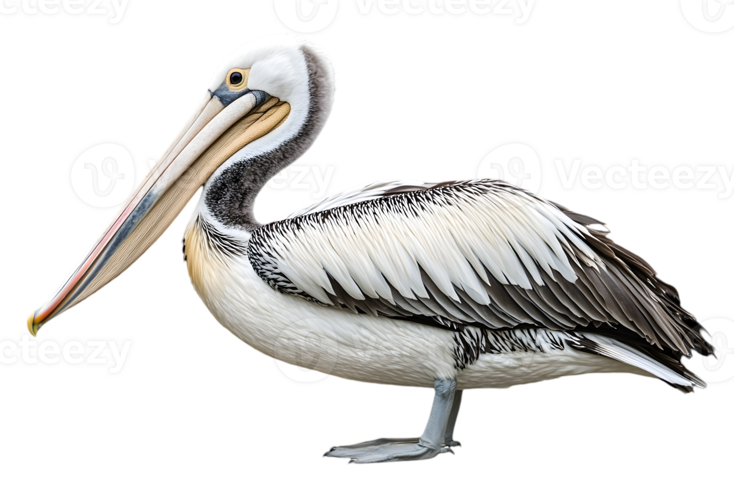 Detailed Pelican Standing Profile with Gray Brown and White Plumage on a Transparent Background png