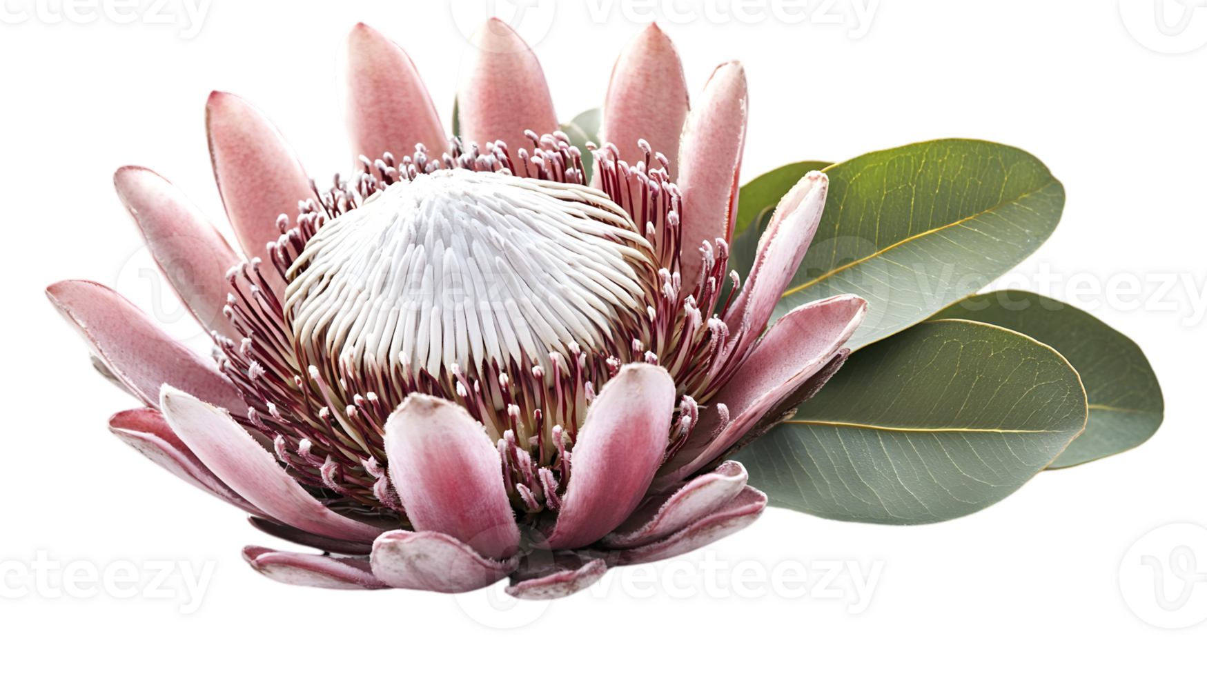 Detailed Pink Protea Flower Blossom with Green Eucalyptus Leaves Isolated on Transparent Background Featuring Botanical Freshness and Delicate Petals png