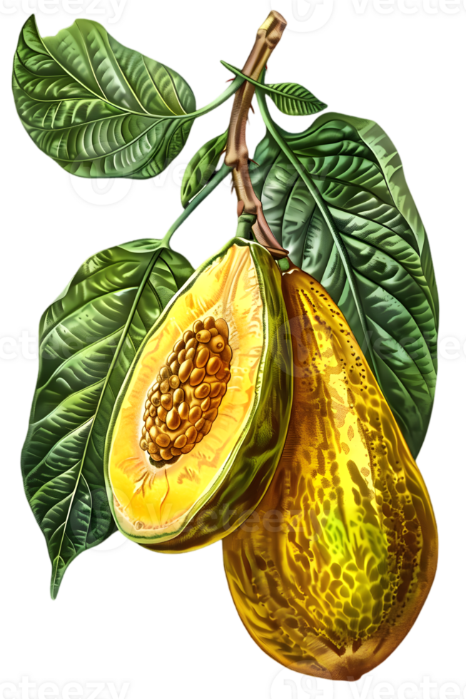 Detailed Papaya Fruit Still Life with Green Leaves and Branch on Transparent Background Botanical Illustration png