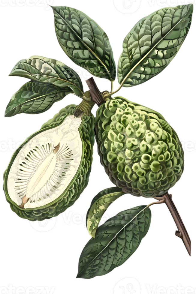 Detailed Soursop Fruit Illustration with Green Leaves on Transparent Background Depicting Tropical Produce png