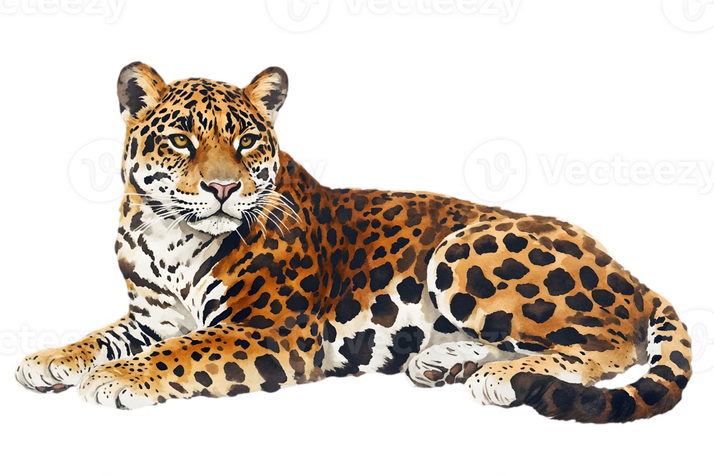 Detailed Watercolor Illustration of a Lying Jaguar with Spotted Pattern on Transparent Background A Captivating Wildlife Image png