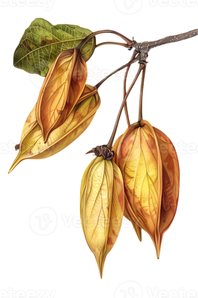 Detailed Watercolor Painting of Hanging Seed Pods on Branch with Green Leaves Against a Transparent Background png
