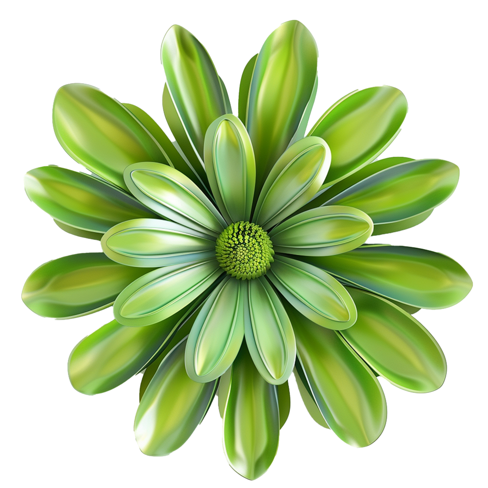 Vibrant Green Flower with Glossy Petals, Realistic 3D Render of a Daisylike Bloom png