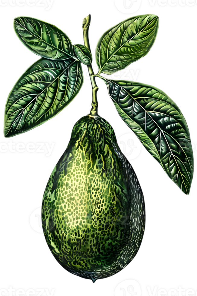 Detailed Vintage Avocado Illustration with Green Leaves on a Transparent Background Perfect for Botanical or Food Related Designs and Creative Projects png