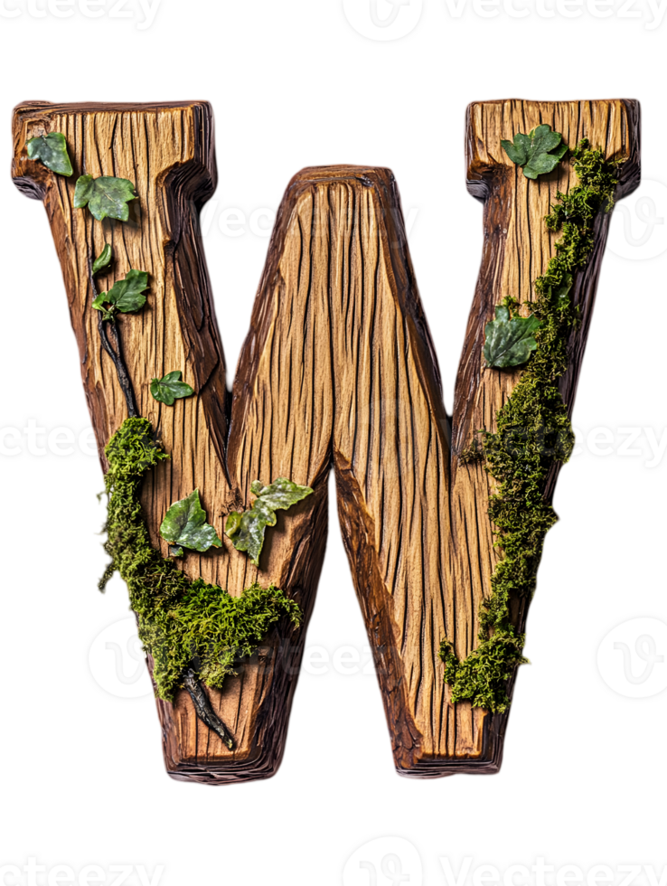 Detailed Wooden Letter W with Moss and Green Leaves Against Transparent Background a Natural and Textured Design Element png