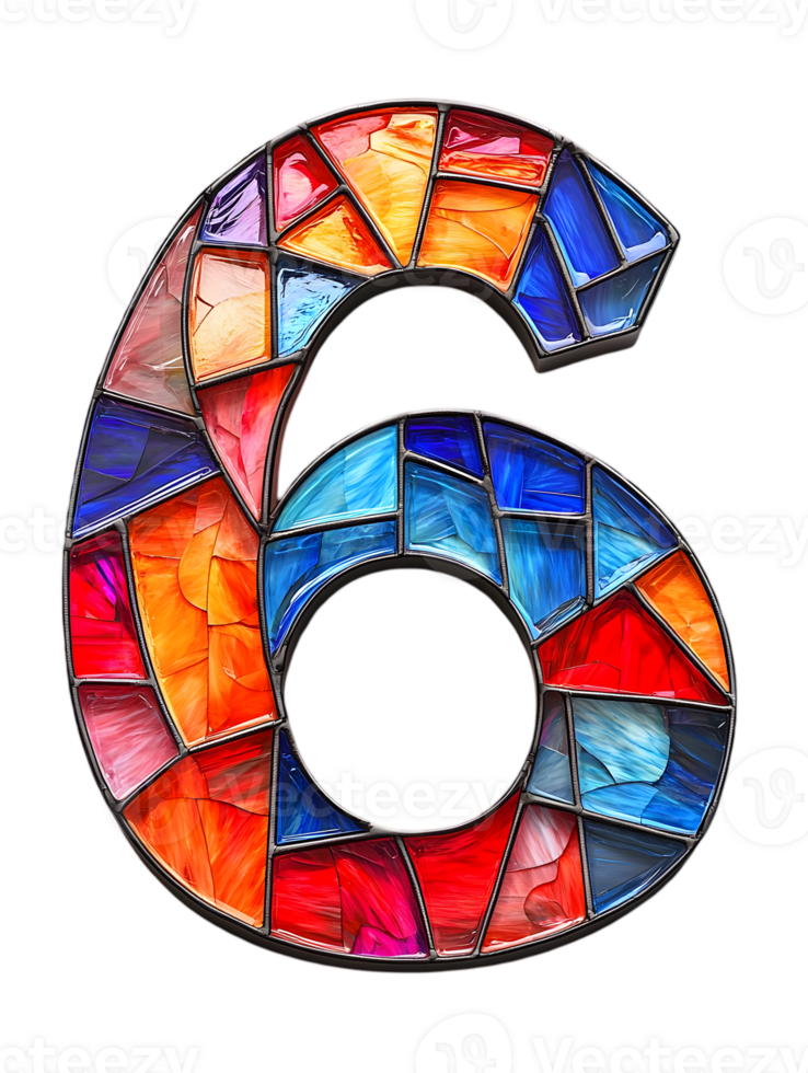 Digit Six in Stained Glass Mosaic Style with Vibrant Blue Orange and Red Hues on Transparent Background png
