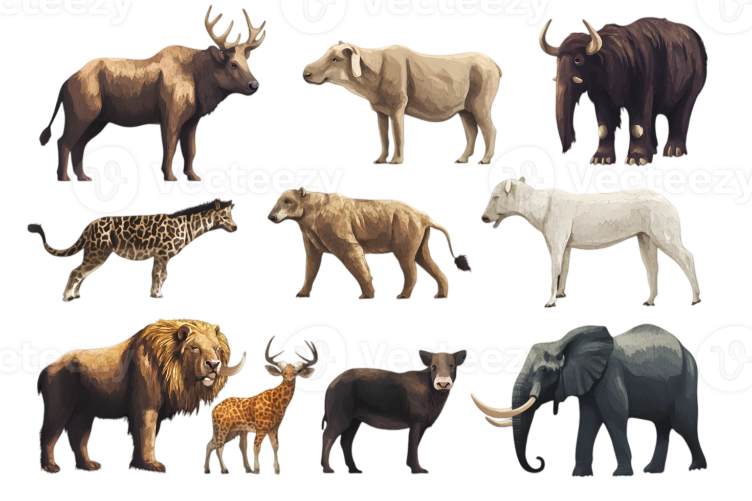 Diverse Pixelated Animal Kingdom with Brown and Gray Hues on Dark Background png
