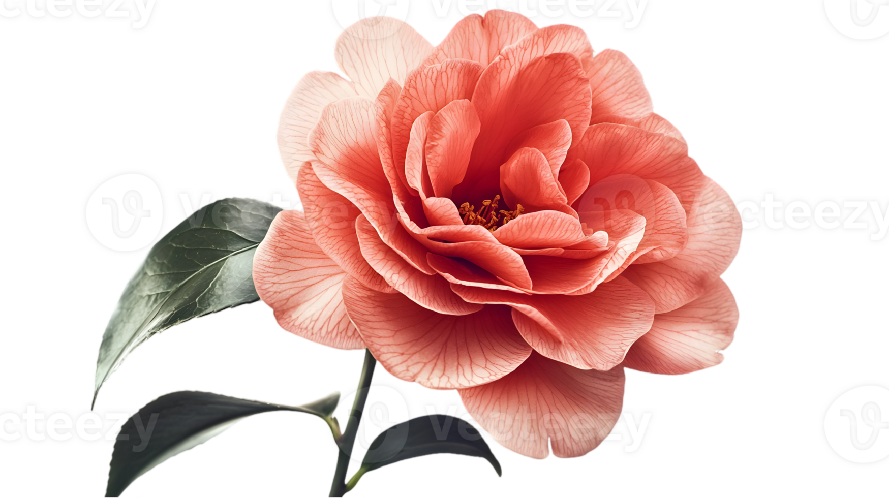 Elegant Camellia Flower with Delicate Petals and Green Leaves on Black Background for Floral Design and Artistic Projects png