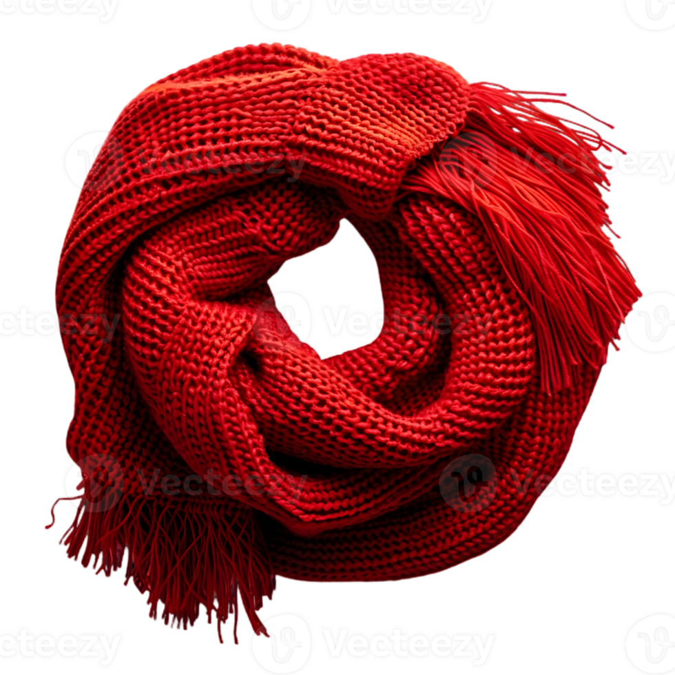 Elegant Crimson Knitted Wool Scarf with Fringe on Transparent Background a Warm Winter Fashion Accessory in Stylish Design png