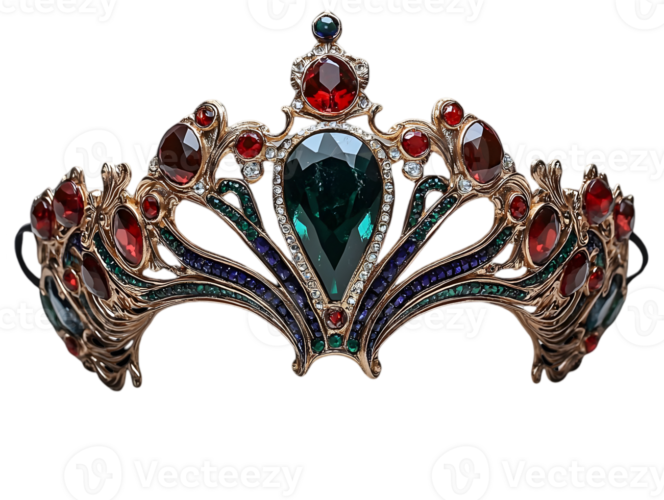 Elaborate Gold Tiara with Red and Green Gemstones on a Black Background Symbolizing Royalty and Elegance with Intricate Design and Sparkling Elements png