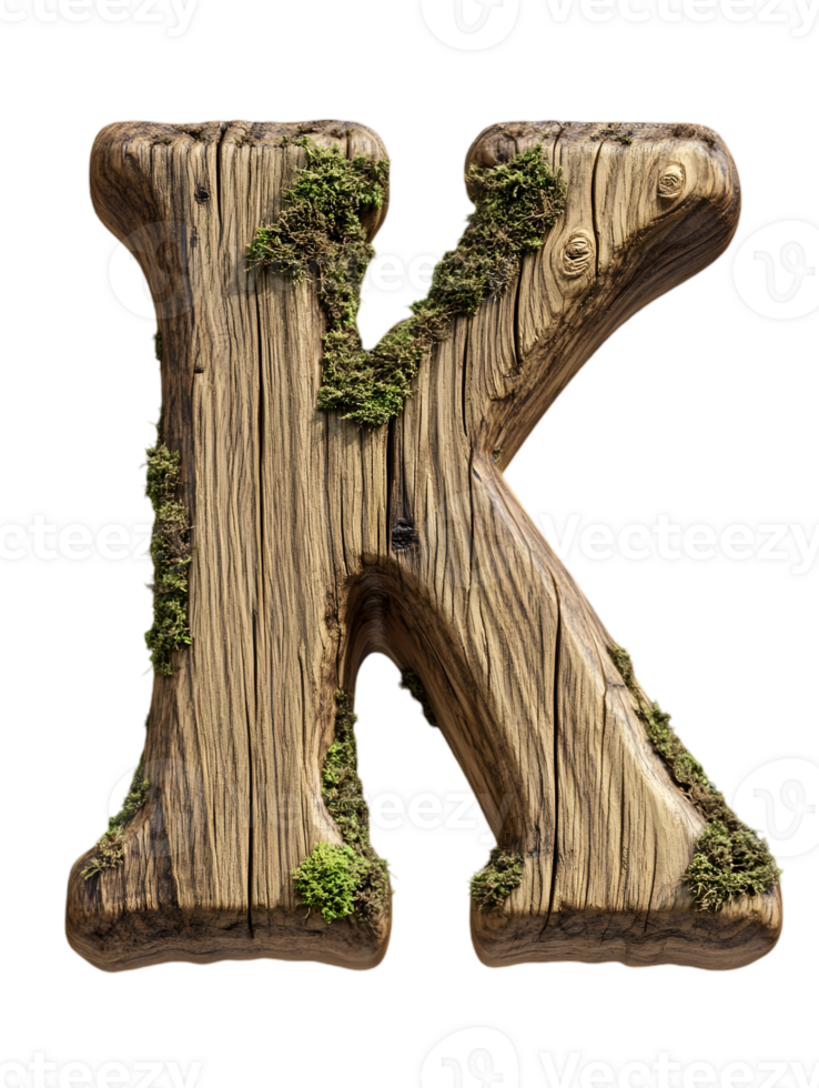 Detailed Wooden Letter K with Moss on Transparent Background a Rustic and Natural Alphabet Font png