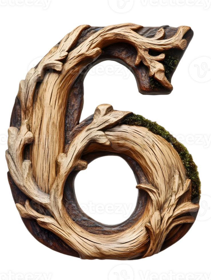 Detailed Wooden Number Six with Carved Texture and Moss Accents on Transparent Background png