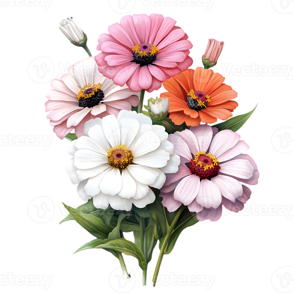 Elegant Zinnia Bouquet with Pink White and Orange Blooms on Transparent Background Fresh Floral Illustration for Adobe Stock png