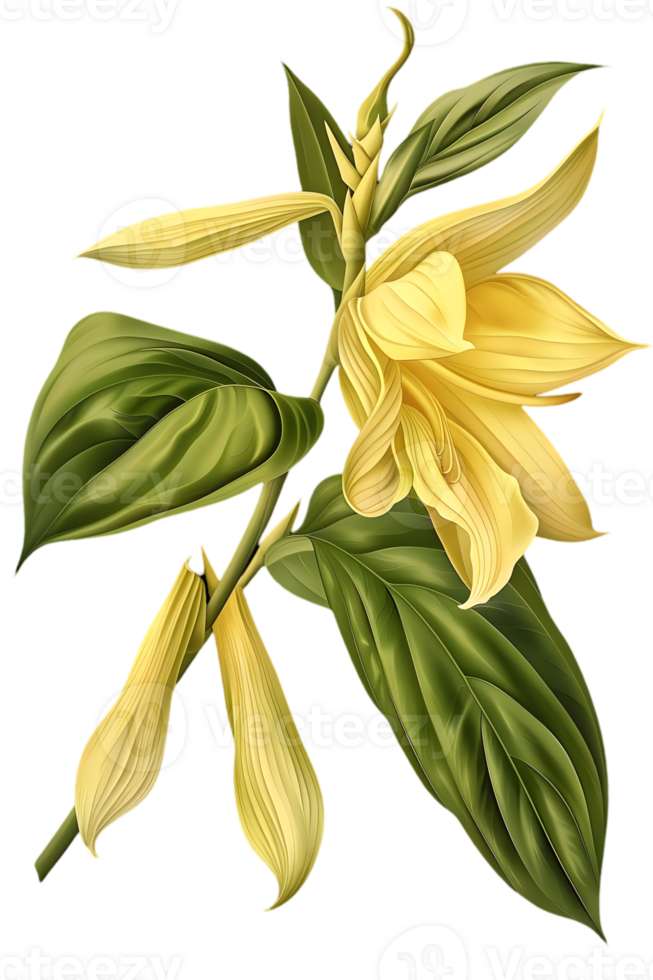 Elegant Yellow Flower with Green Leaves on Transparent Background Botanical Illustration of Exotic Tropical Blossom with Intricate Details png