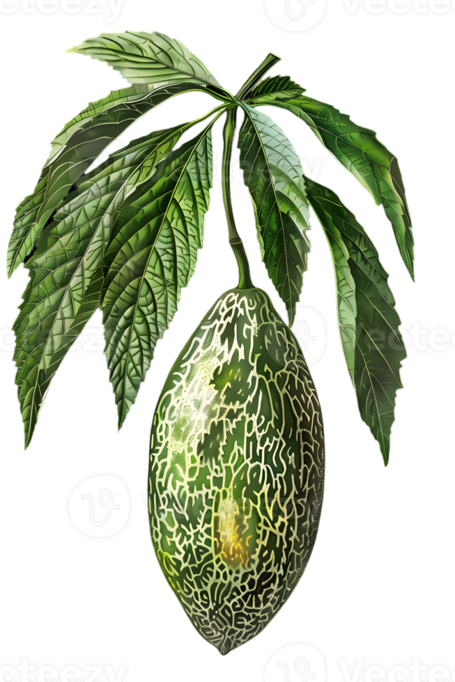 Exotic Fruit with Green Leaves on Transparent Background Detailed View of Botanical Still Life with Intricate Patterns Tropical Theme Artwork png