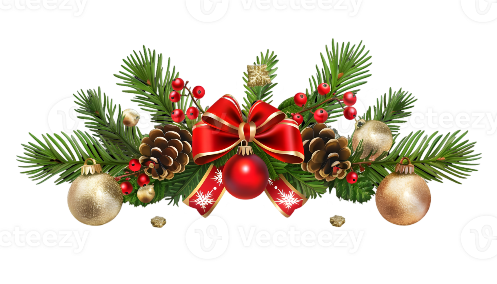 Festive Christmas Decoration with Evergreen Branches Red Berries Gold Ornaments and Red Ribbon Bow Isolated on a Transparent Background png