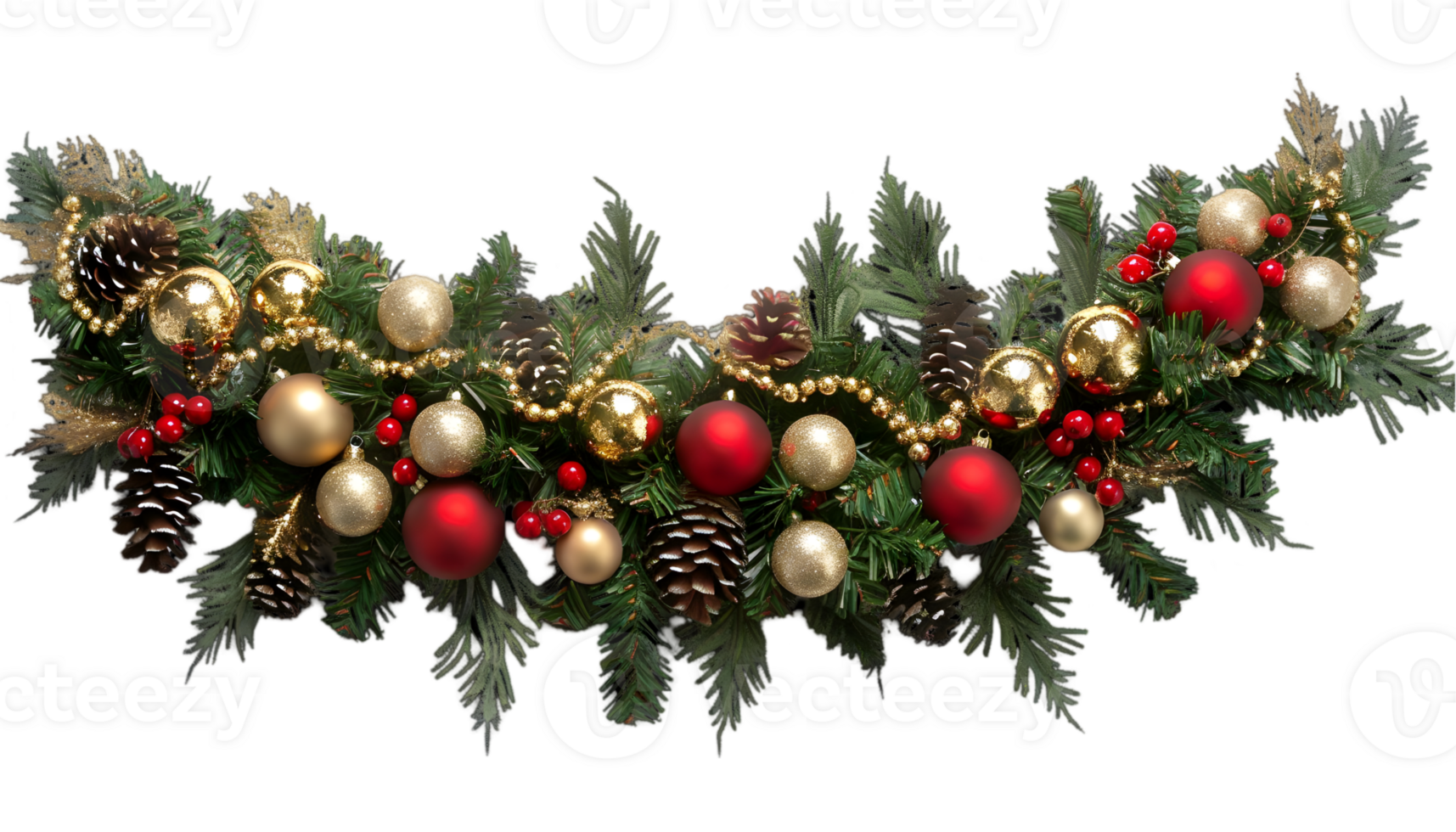 Festive Christmas Garland with Red and Gold Ornaments Pine Cones and Evergreen Branches on Transparent Background for Holiday Decoration png