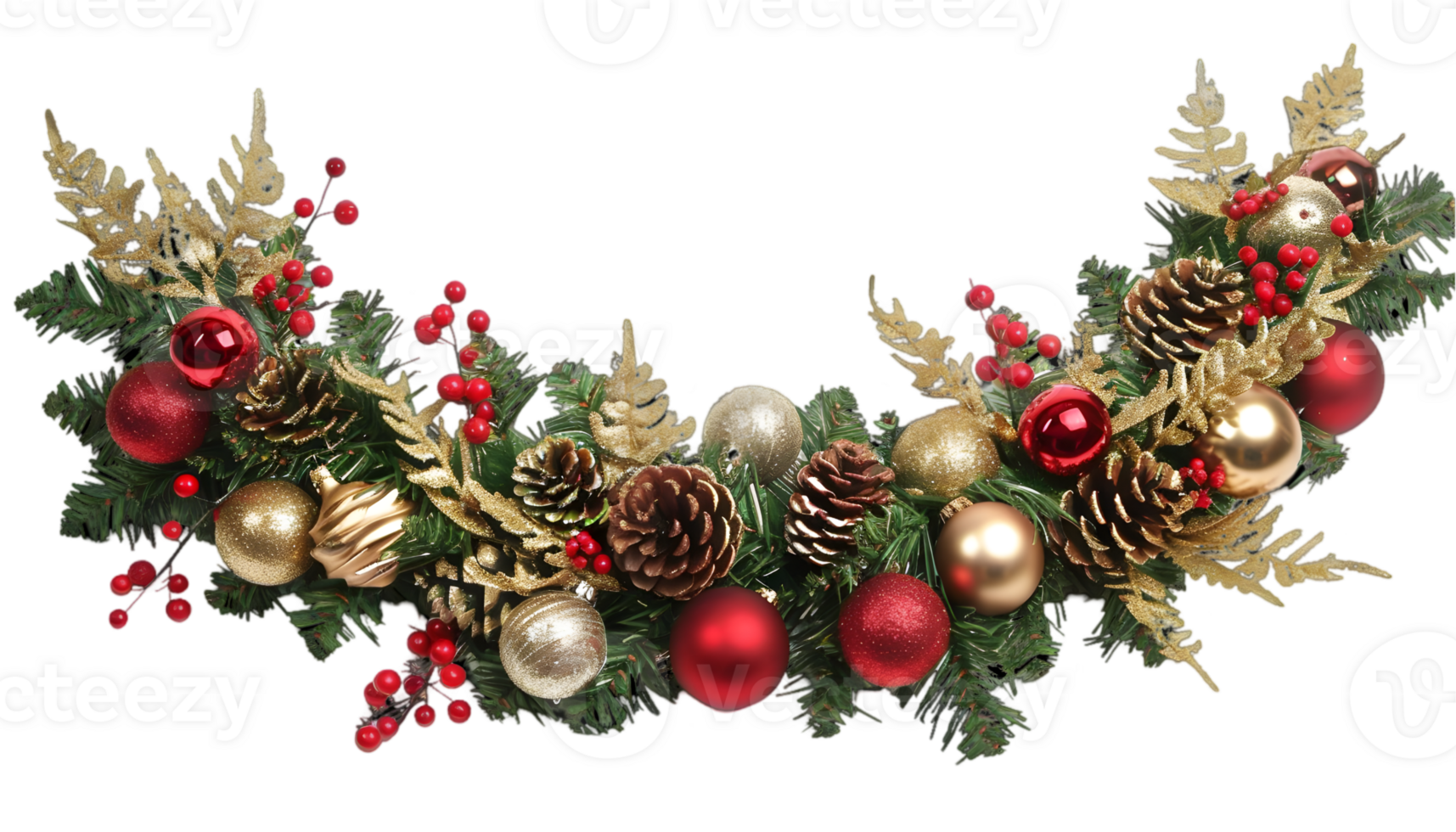 Festive Christmas Garland with Red and Gold Ornaments Pine Cones and Berries on Evergreen Branches in Transparent Background png