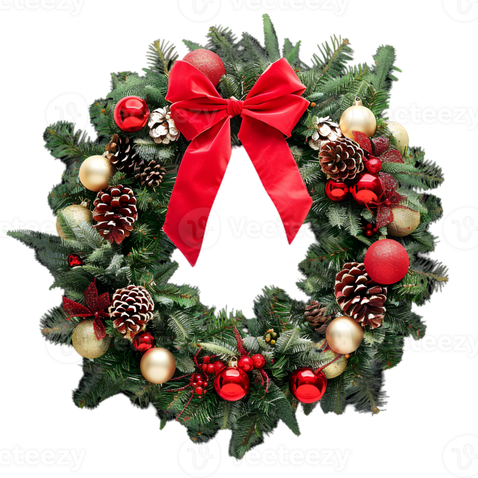 Festive Christmas Wreath with Red Bow and Golden Ornaments on a Transparent Background Featuring Pine Cones and Evergreen Branches png