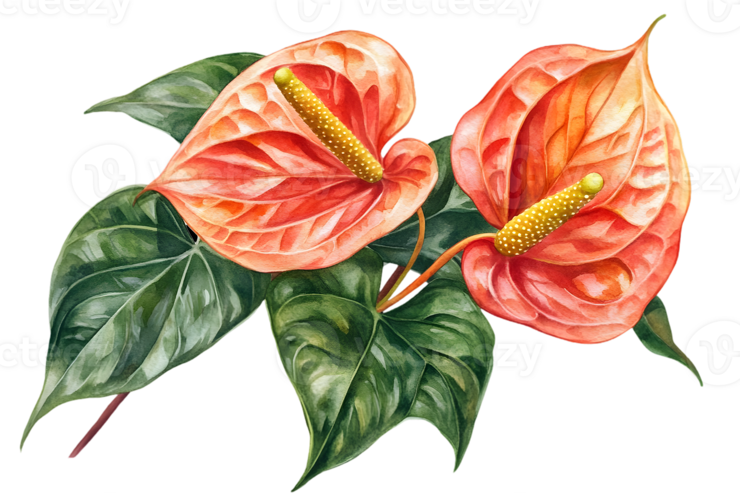 Elegant Red Anthurium Flowers with Green Leaves in Watercolor Painting on Transparent Background png