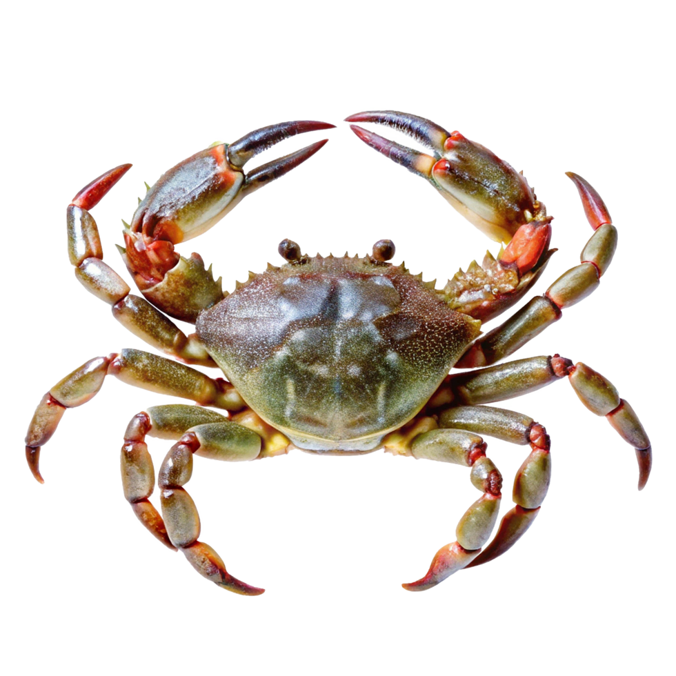 A Detailed Closeup of a Large Green Crab with Red Claws and Legs png