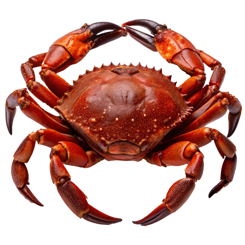 A Detailed Closeup of a Cooked Red Crab with Visible Claws and Shell Texture png