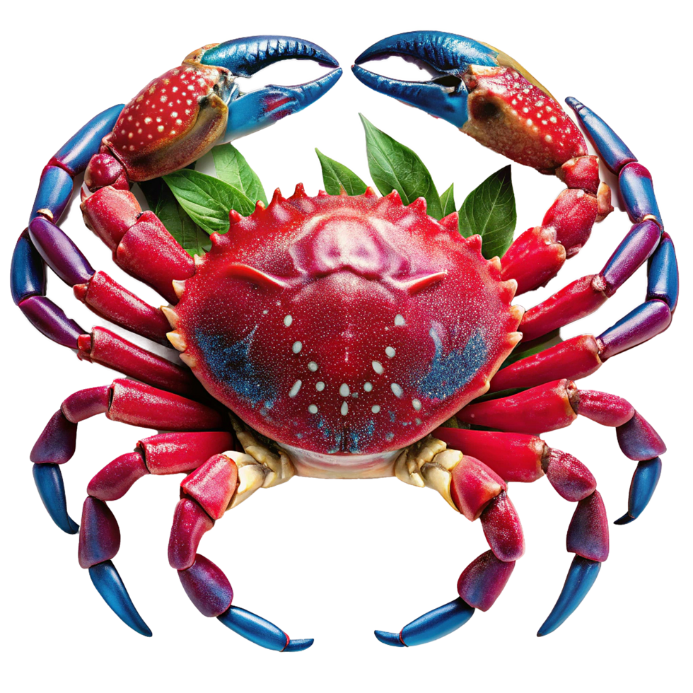 Vibrant Red and Blue Crab with Green Leaves Background Stunning Seafood Image png