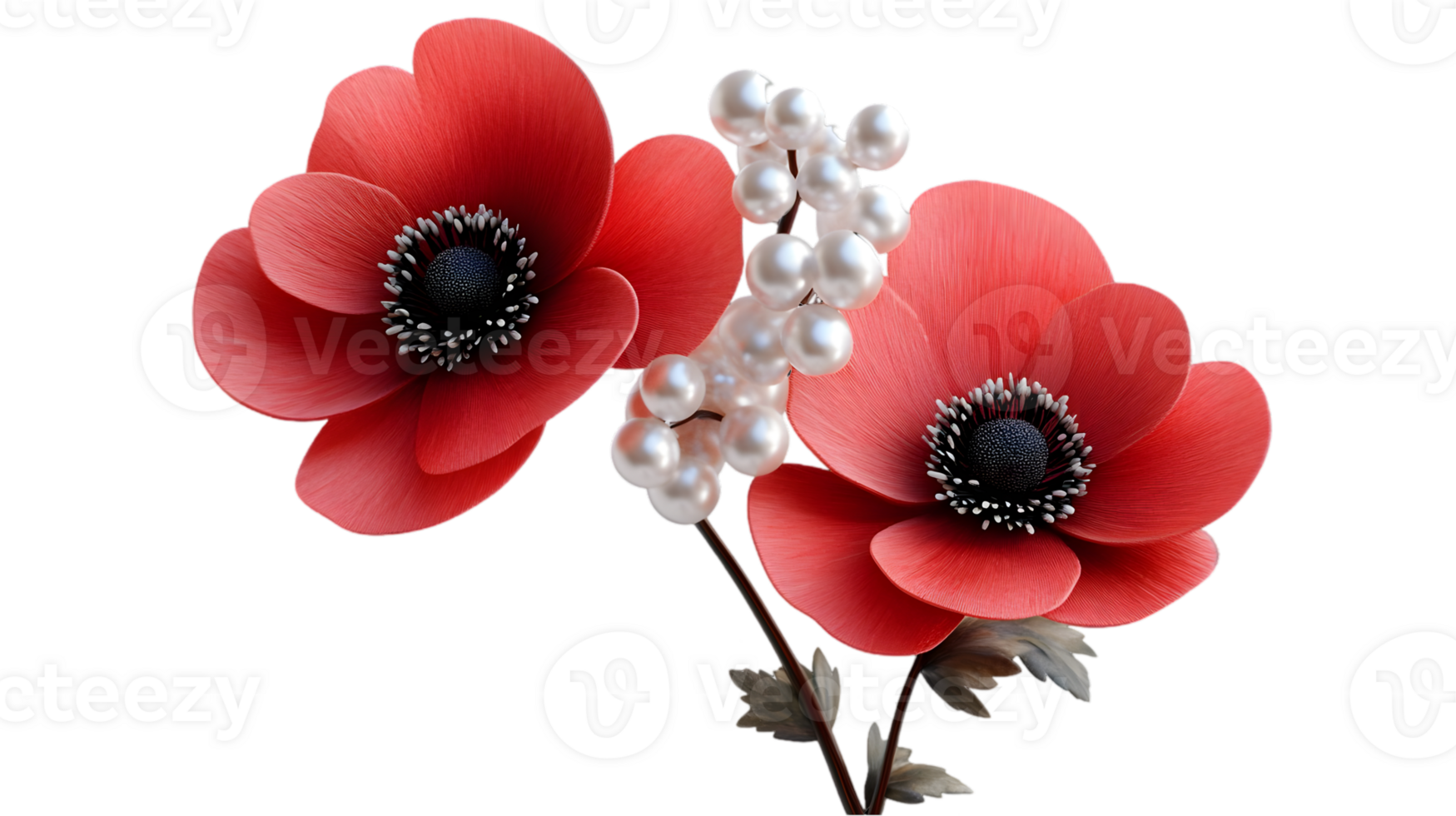 Floral Arrangement of Two Red Flowers and Pearls on a Transparent Background Detailed Still Life png