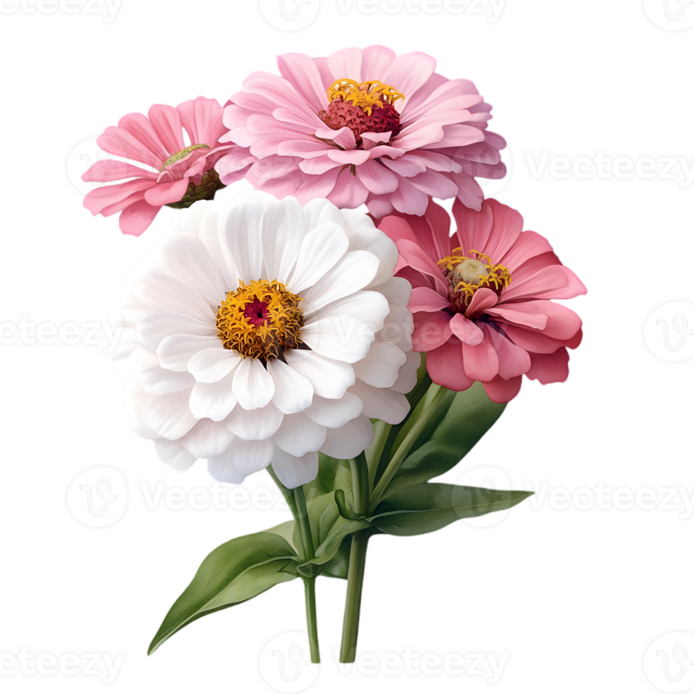 Floral Arrangement with Pink White Zinnia Flowers Transparent Background in Cutout Style with Green Leaves and Yellow Centers on Dark png