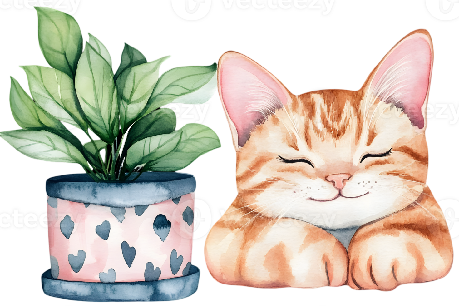 Ginger Striped Cat Resting Paws on Flower Pot with Green Plant in Watercolor Illustration on Transparent Background png